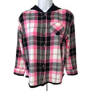 Justice Women's Top Size M 10 Hooded Pink Black White Plaid Long Sleeves New